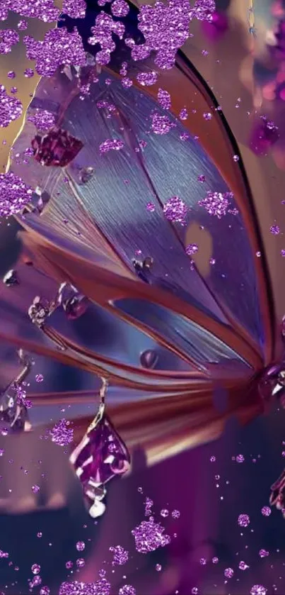 Purple fantasy butterfly wings mobile wallpaper with water droplets.