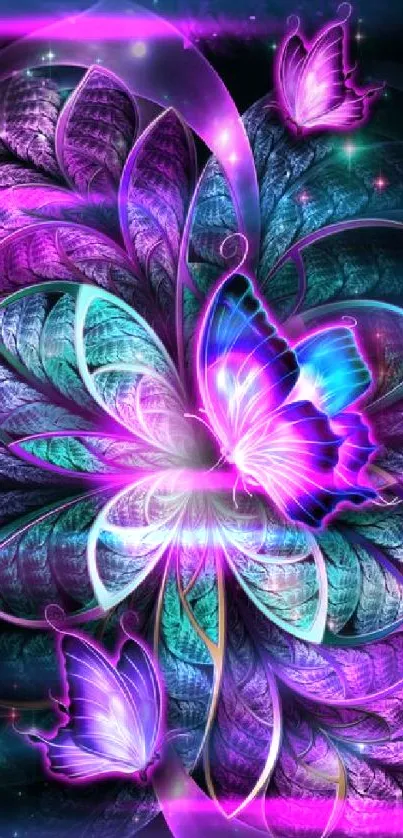 Purple butterfly and floral design wallpaper.