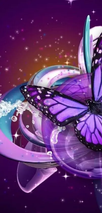 Purple butterfly on abstract background with vibrant colors.