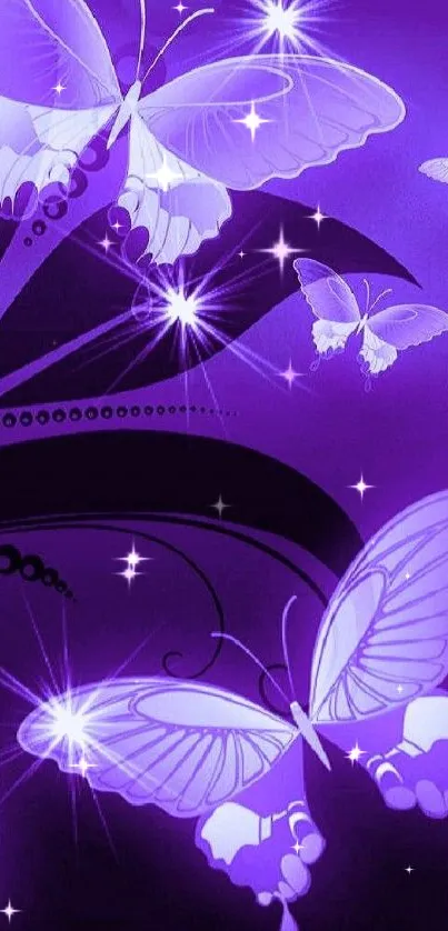 Purple butterflies with luminescent glow on a dark, artistic background.