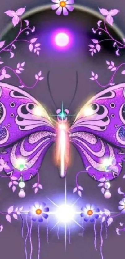 Purple butterfly fantasy mobile wallpaper with floral design.