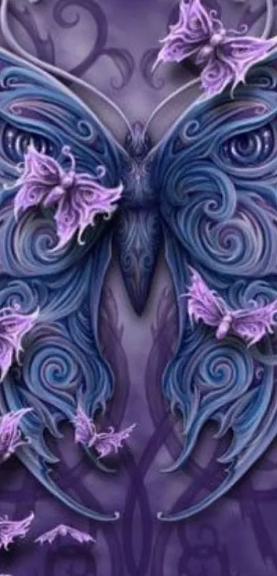 Purple and blue intricate butterfly design on fantasy wallpaper.