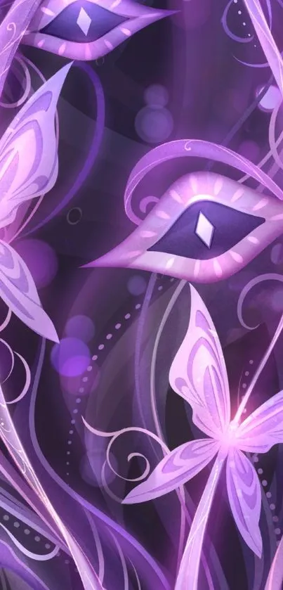 Purple fantasy wallpaper with butterflies and mystical eyes.