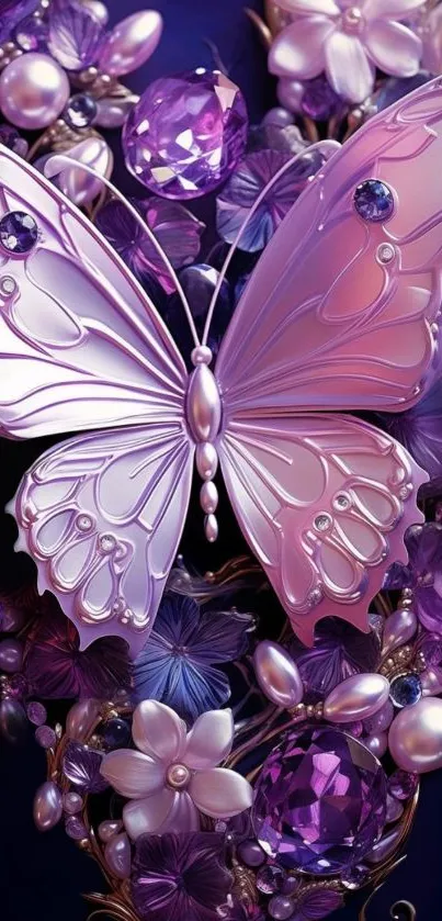 Purple butterfly and floral jewels wallpaper.