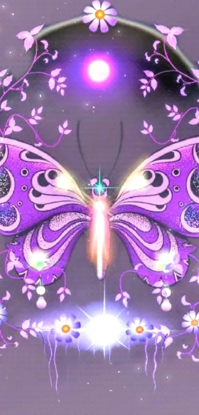 Purple butterfly with cosmic floral design on wallpaper.