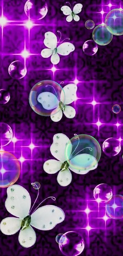 White butterflies on glowing purple background with sparkling effects.