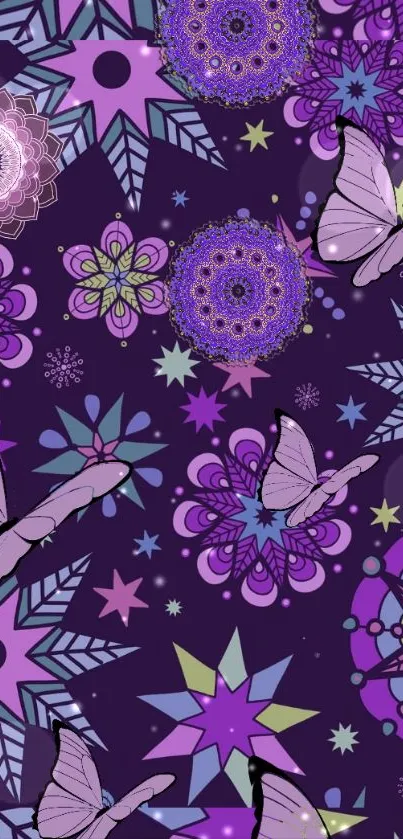 Purple butterfly fantasy art with floral and star patterns.