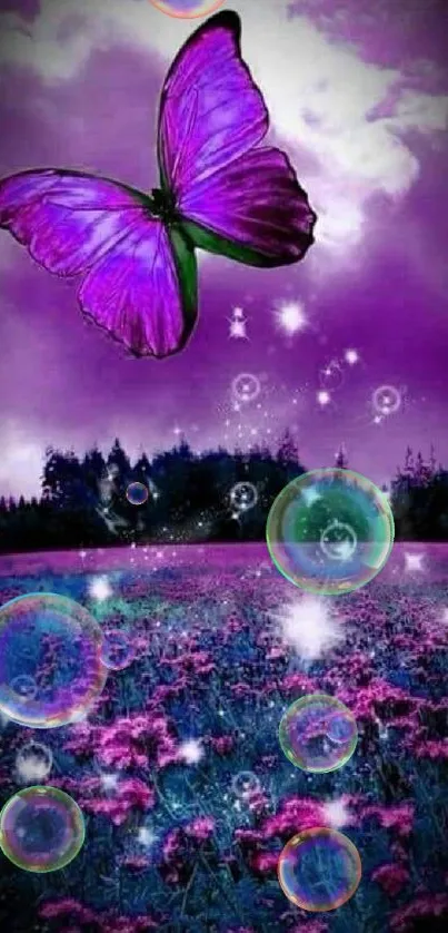 Purple butterfly soaring over a sparkling field in a fantasy mobile wallpaper.