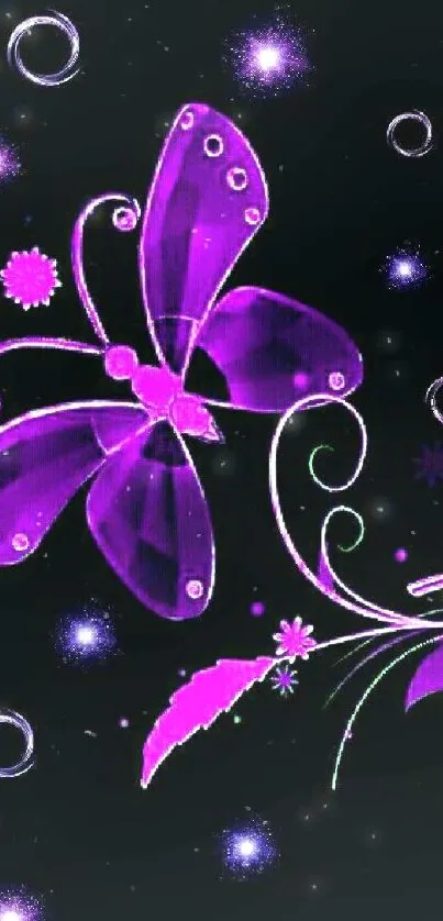 Purple butterfly on dark floral background wallpaper.