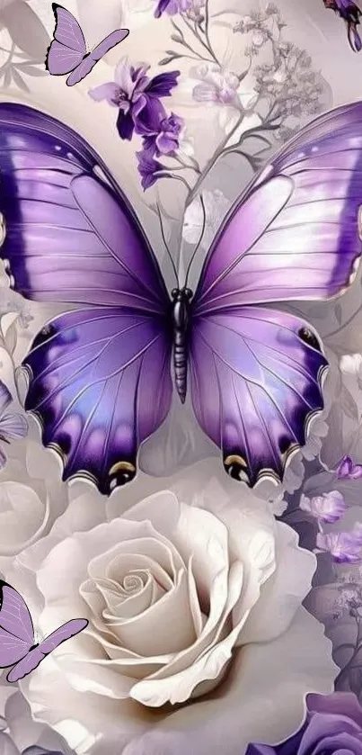 Purple butterfly amidst flowers in a dreamy wallpaper design.