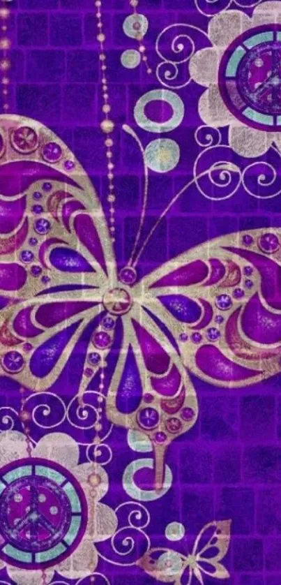 Purple butterfly on ornate background wallpaper