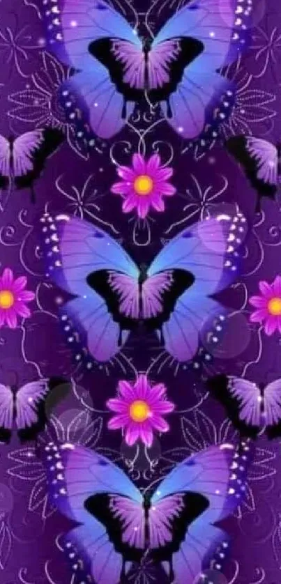 Vibrant purple butterfly and flower design wallpaper.