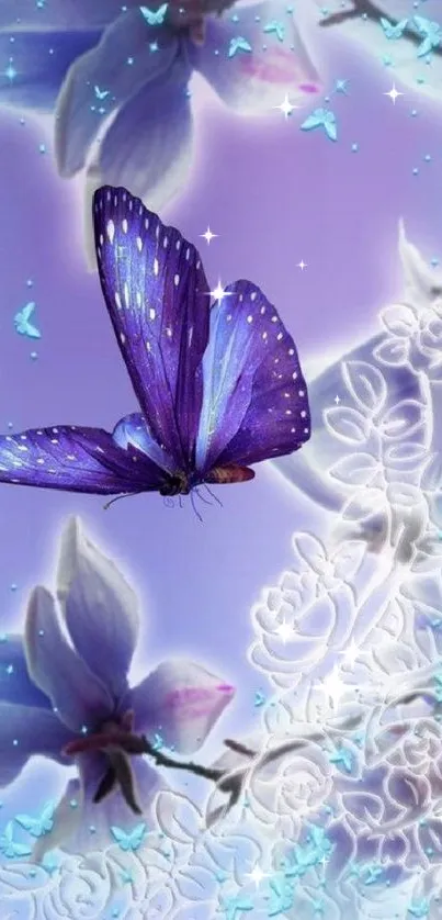 Purple butterfly with floral background on a dreamy fantasy theme.