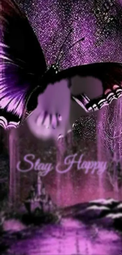 Purple butterfly with 'Stay Happy' in a fantasy landscape design.