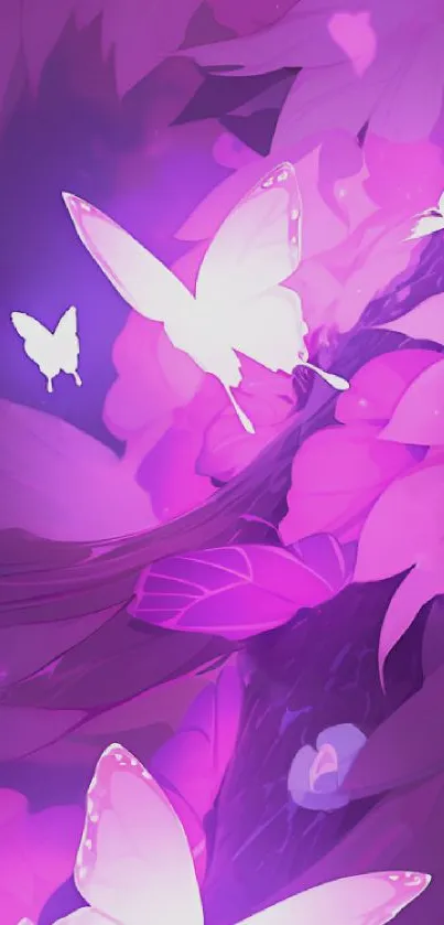 Purple fantasy wallpaper with glowing butterflies.