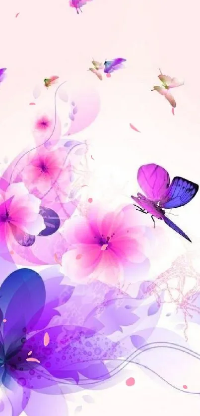 Vibrant purple butterflies with floral accents on a light background.