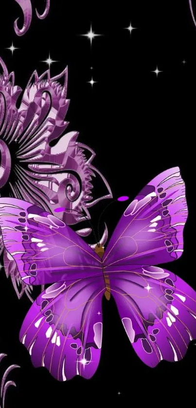 Purple butterfly on dark floral background wallpaper.