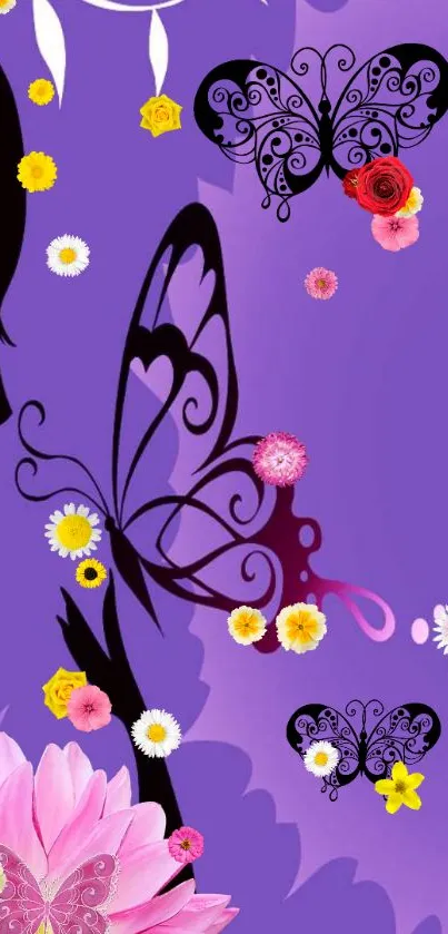 Purple wallpaper with butterflies and flowers in artistic style.