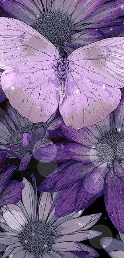 Purple butterfly resting on flowers in an elegant, artistic wallpaper.