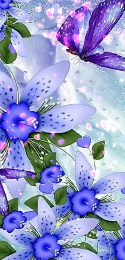 Vibrant wallpaper with purple butterflies and blue flowers.