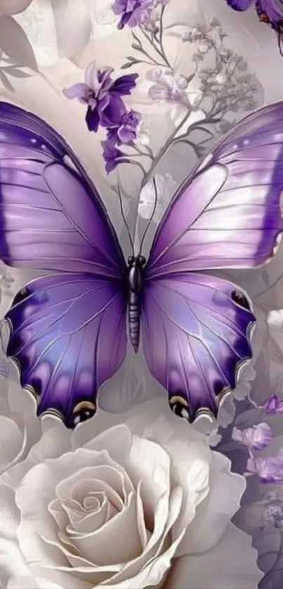 Purple butterfly with floral background design.