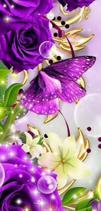 Purple butterfly and roses mobile wallpaper.