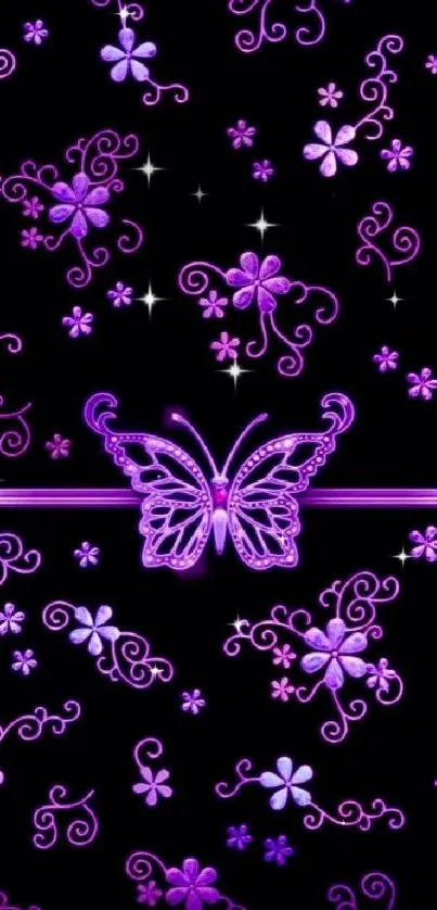 Purple butterfly and floral design wallpaper for mobile.