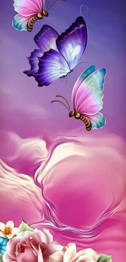 Purple butterflies and vibrant pink flowers create a dreamy mobile wallpaper.