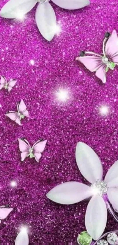 Purple glitter wallpaper with butterflies and flowers.