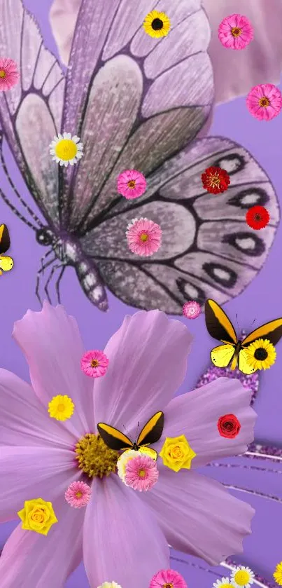 Purple background with butterflies and colorful flowers.