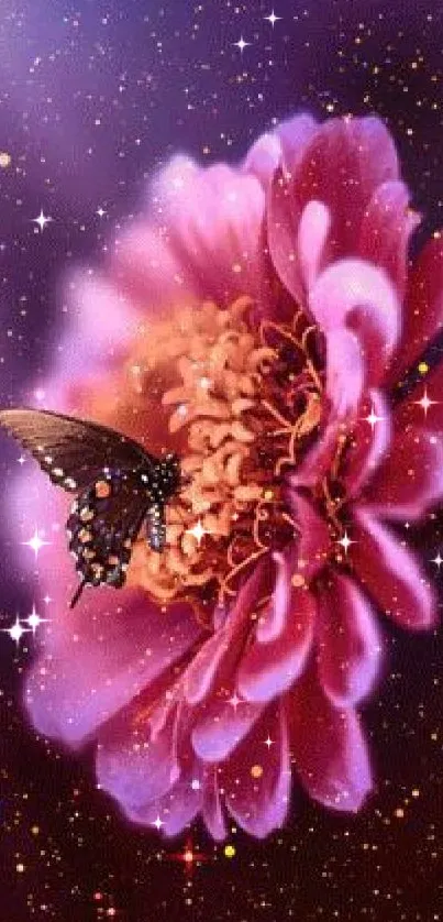 Butterfly on a purple flower with a starry galaxy backdrop.