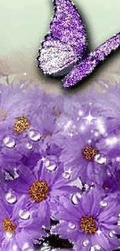 Purple butterfly flies over lilac flowers with sparkles.