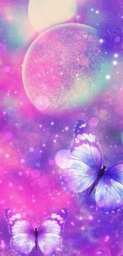 Purple galaxy wallpaper with butterflies and moons, creating a dreamy fantasy scene.