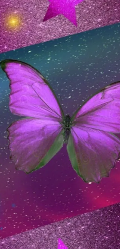 Purple butterfly on a starry galaxy background with glitter accents.