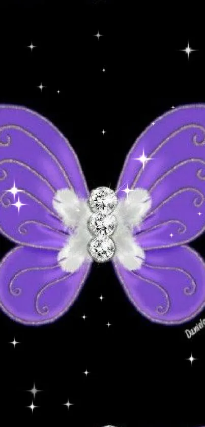 Vibrant purple butterfly with gems on black background.