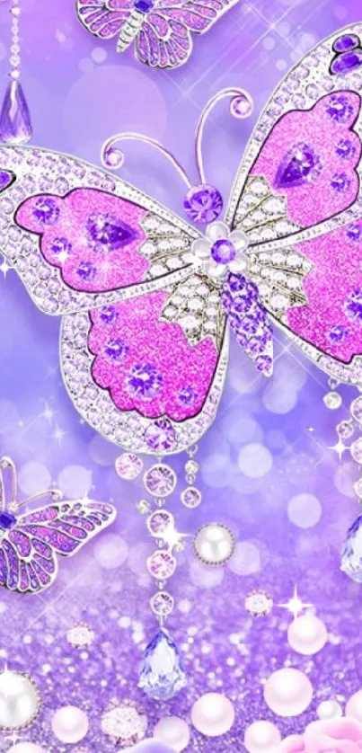 Purple butterfly with gems and crystals on a sparkling background.