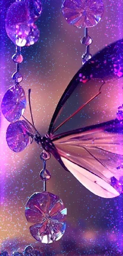 Purple butterfly with sparkling crystal accents on a magical background.