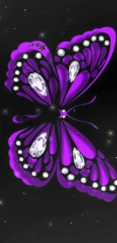 Gleaming purple butterfly with gems on black background wallpaper.