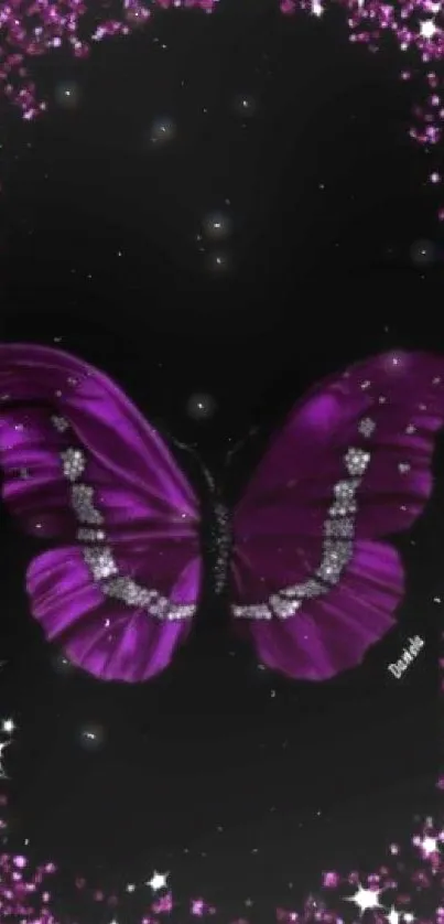 Purple glitter butterfly on black background.