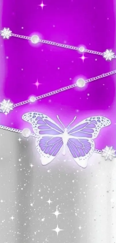 Purple butterfly with glitter and pearls on a mobile wallpaper.