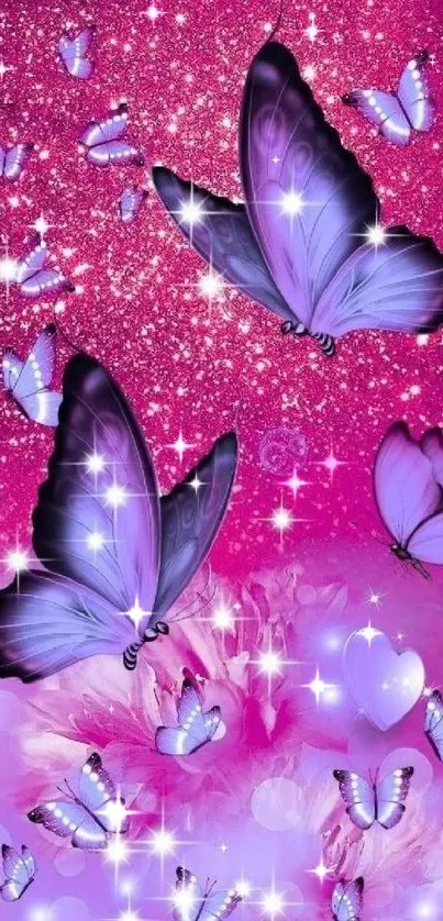 Vibrant purple butterflies with pink glitter background.