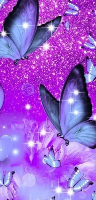 Vibrant purple butterfly wallpaper with glitter and sparkles for mobile backgrounds.