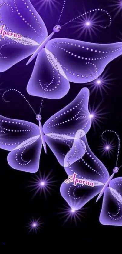 Purple butterflies with glowing stars on a dark background.