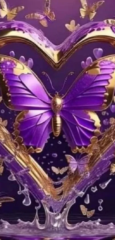 Elegant purple butterfly with gold accents and heart design wallpaper.