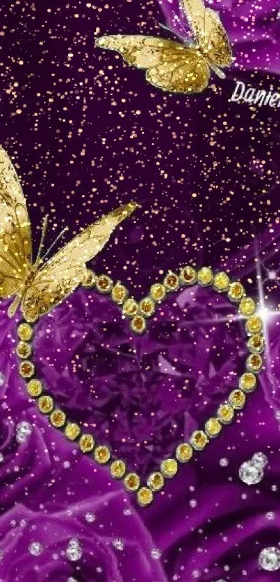 Purple wallpaper with gold butterflies and jeweled heart design.