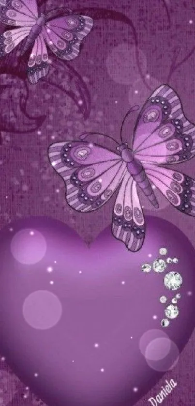 Purple heart wallpaper with butterflies and sparkling details.