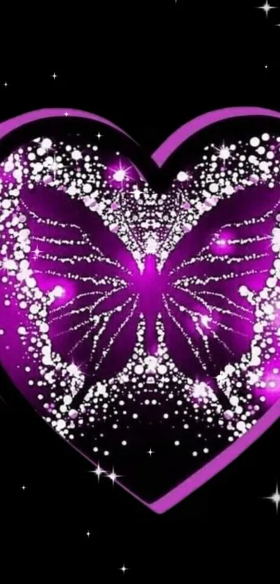 Purple butterfly heart with sparkles on black background.