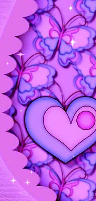 Purple butterfly and heart design wallpaper for mobile phone.