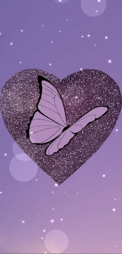 Purple sparkling heart with butterfly on wallpaper.