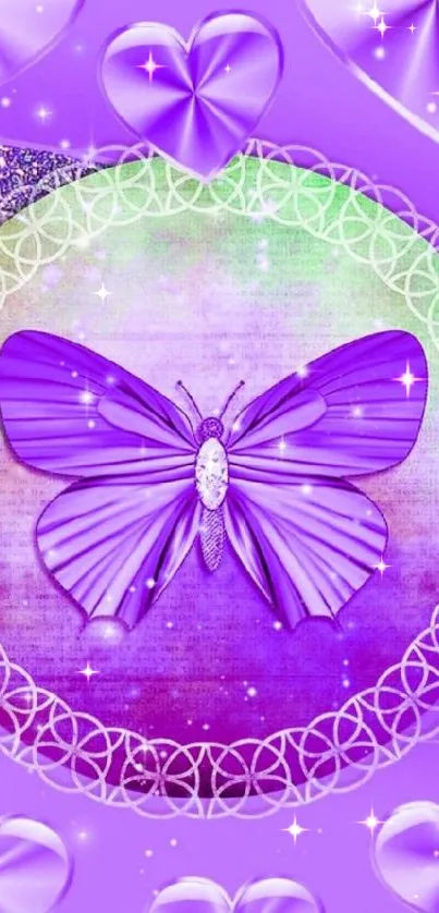 Purple butterfly with heart designs on wallpaper